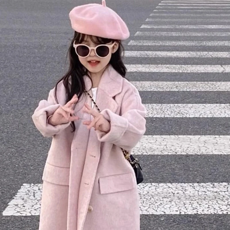 Girls Pink Wool Long Coat Children 2024 New Autumn Winter Fashion Simple Casual Warm Coat Korean Sweet Style Clothes Kid