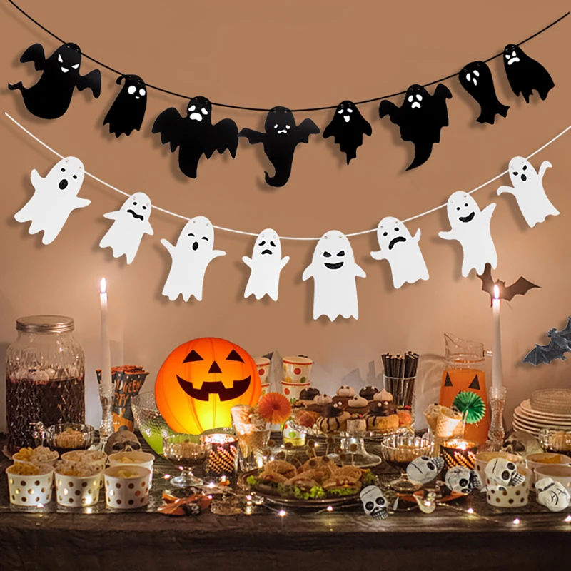 

1PC/3Pcs Halloween Decor Blood Stain Ghost Pattern Pull Flag Background Decoration Paper Bunting Banner Halloween Party Home