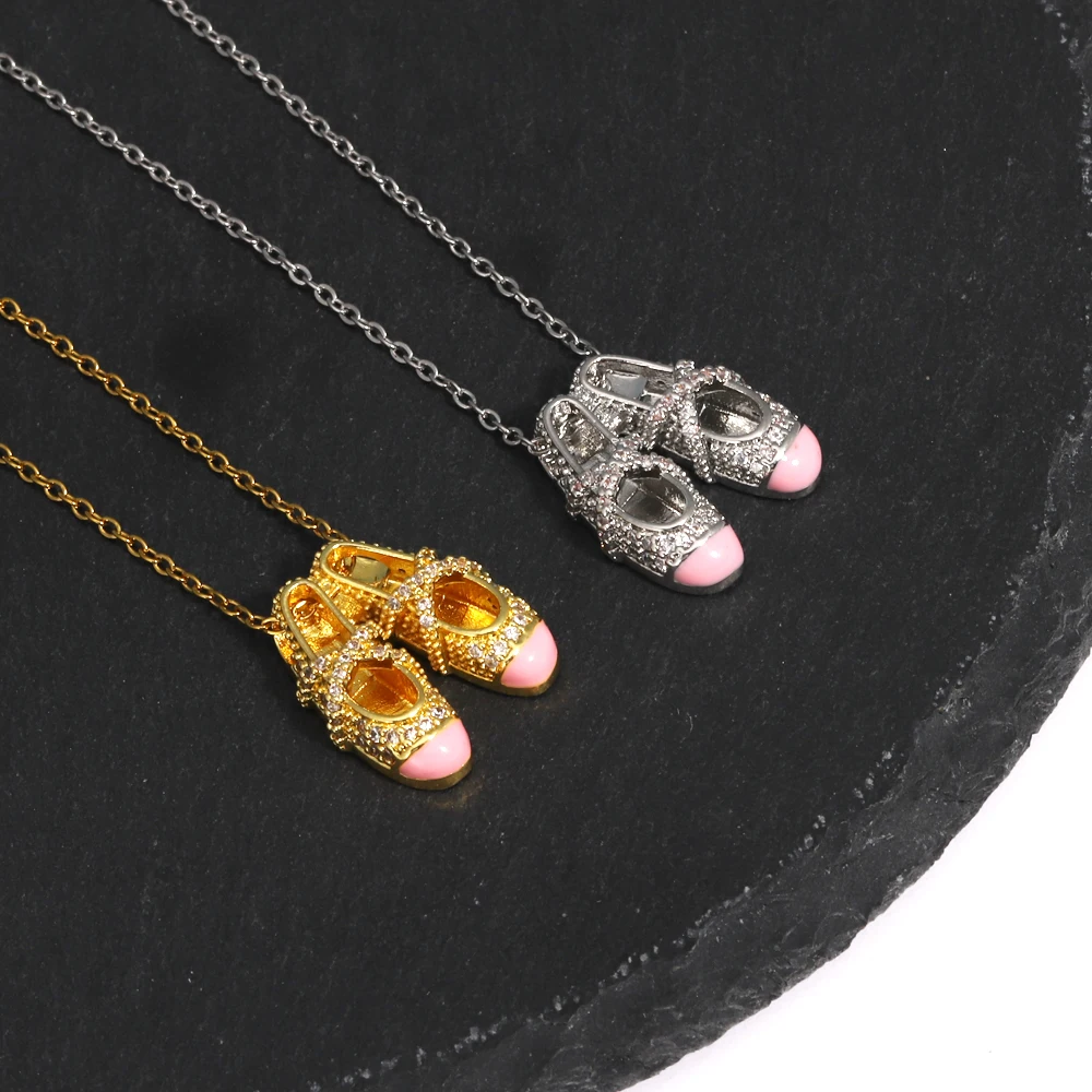 Pink Enamel Ballet Shoe Pendant Necklace For Women Stainless Steel Neck Jewelry Gift for Girls Daily Party