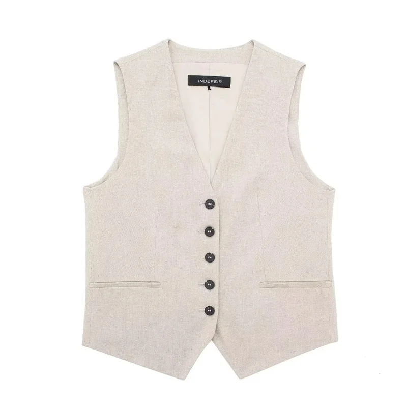 TRAF 2024 Linen Sleeveless Vest Woman Fashion Cropped Women\'s Suit Vest Coat Summer Vest Short Tops New In Coats And Jackets