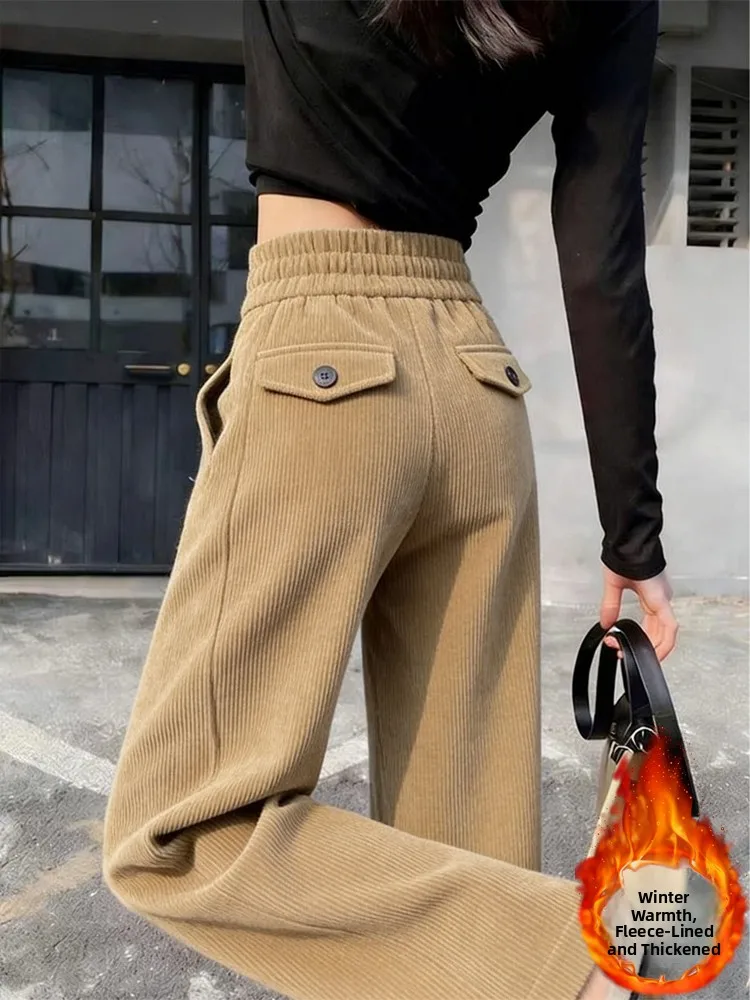 

Зимние утепленные брюки 2026 года с высокой талией, широкими штанинами и прямым кроем, свободные повседневные брюки цвета хаки для женщин, большие размеры