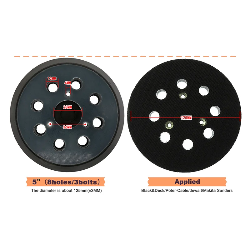 5 Zoll 125 mm 8-Loch-Schleifpad mit Klettverschluss, hervorragende Pads und Schleifmittel, Trägerplatte, Elektrowerkzeuge für Exzenterschleifer