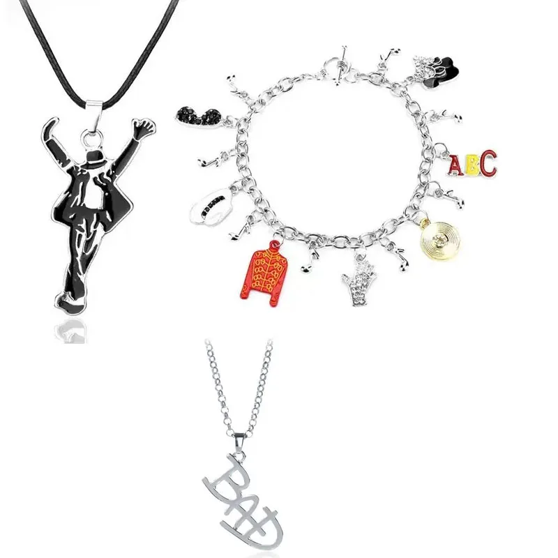 MJ King of Pop Artist Singer Michael Jackson BAD Necklace Bracelet Rock Roll Everlasting Classic MJ Pendant For Men Women Gift