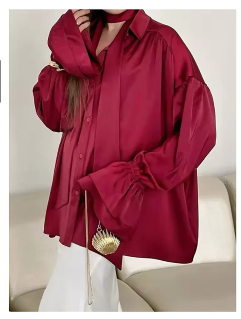

Pop Elegant Satin Flare Long Sleeve Shirt Women Lapel With Scarf Single Breasted Loose Blouses New Fashion Spring Summer Ladies