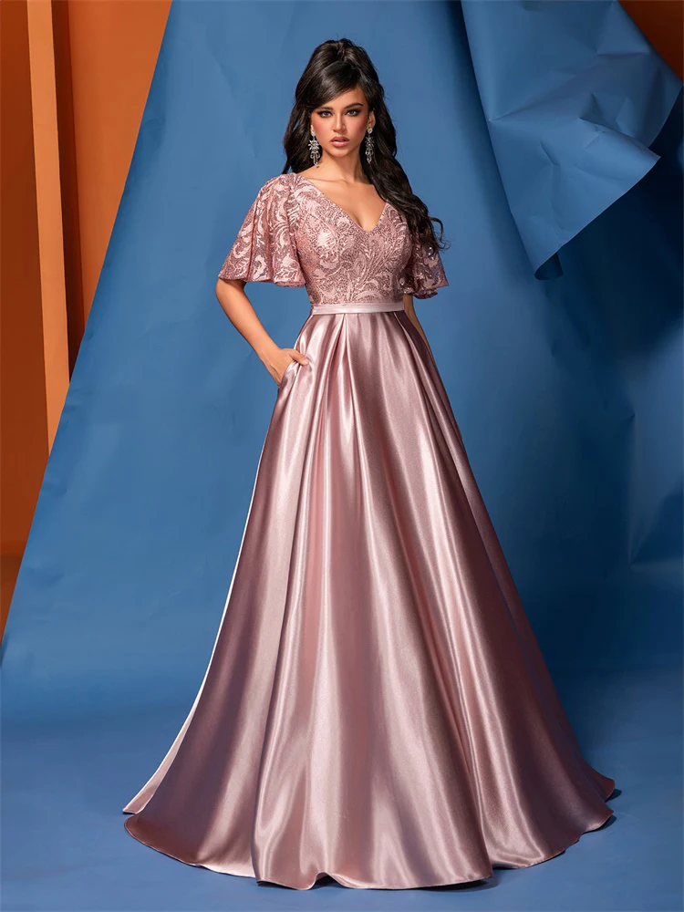 XUIBOL Elegant Short Sleeve Pink Satin Formal Evening Dress Luxury Long Women Mermaid Wedding Party Dress Cocktail Prom