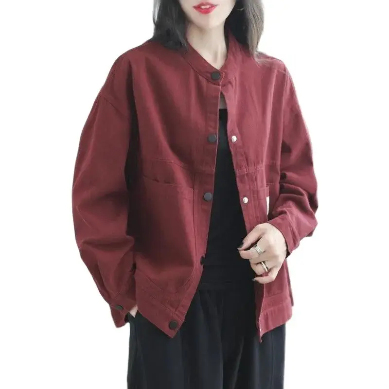 New 2024 Spring Autumn Coat Pure Cotton Solid Color Jacket For Women\'s Retro Loose Versatile Fashion Large Pocket Coat Top Femal