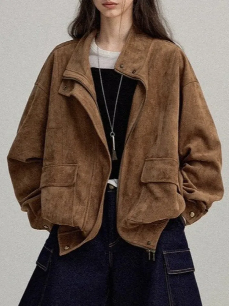 ZMEENNA veste zippée marron en faux daim pour femme avec poches vêtements d'extérieur chics et décontractés pour l'automne élégant léger ZM3788