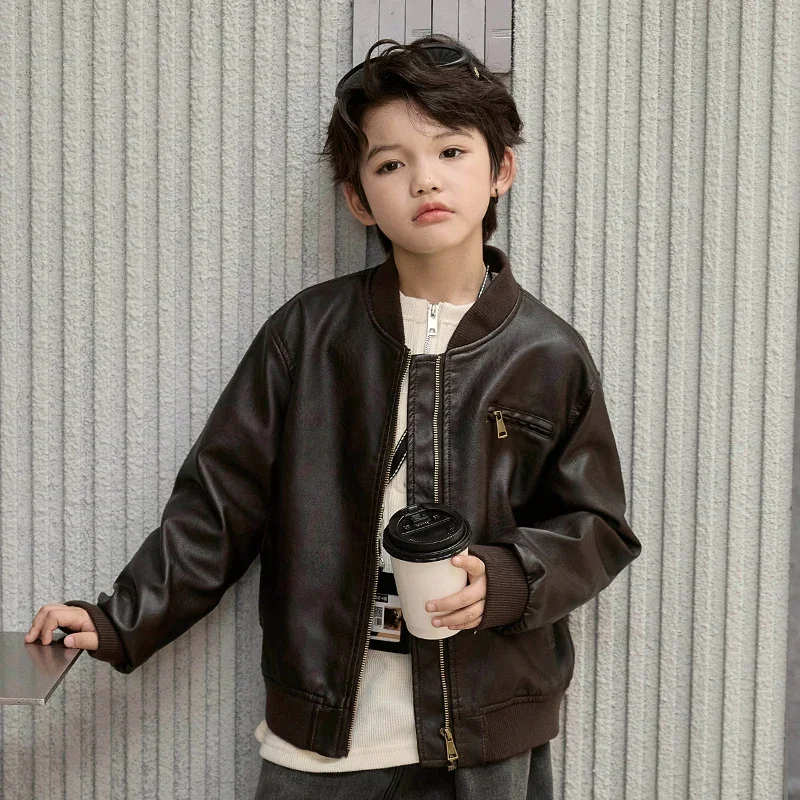 

Boys' Jacket Autumn Children's Clothing Leather Jacket Handsome Boys Round Neck Motorcycle Jackets Waterproof PU Jacket RM112