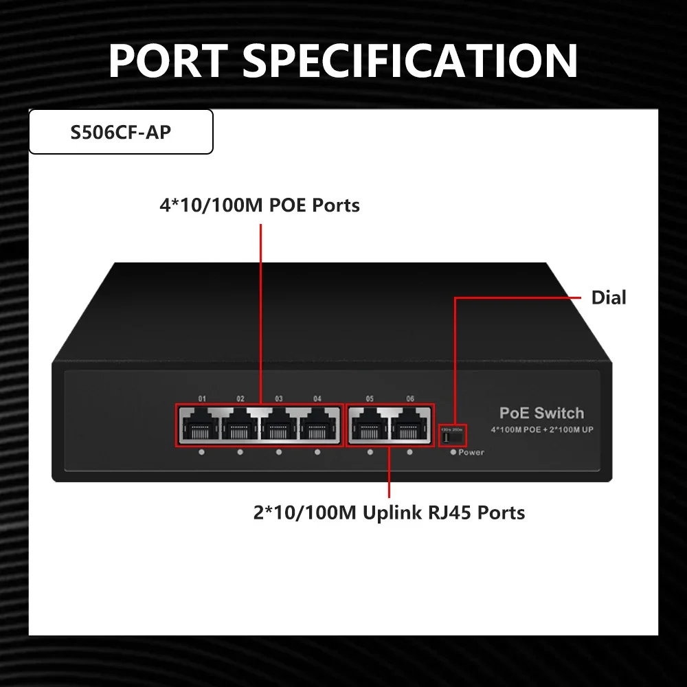 EWIND POE Switch 6 พอร์ต 10/100Mbps AI Smart Ethernet Switch 2 Uplink RJ45 พอร์ต AI Smart Switch สําหรับกล้อง IP/Wireless AP