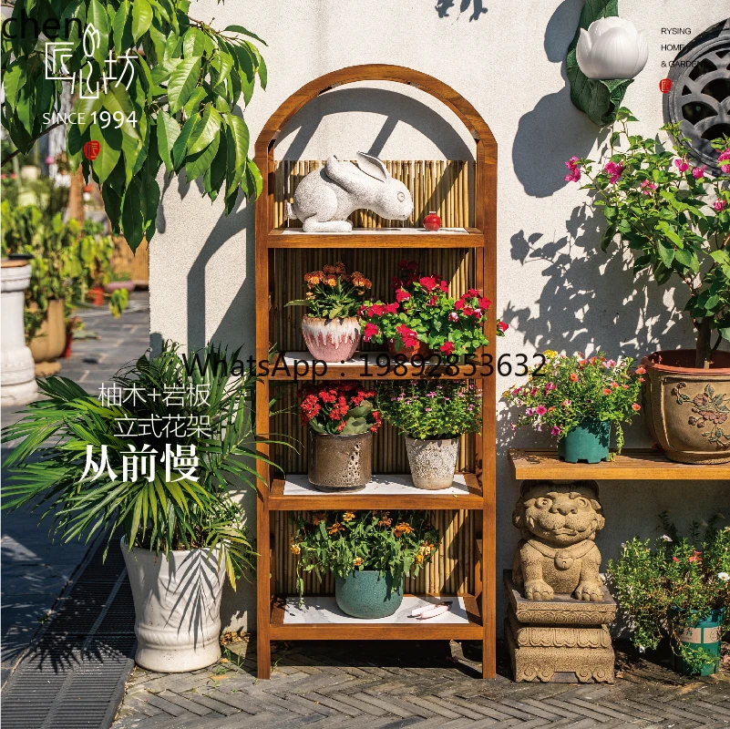 Garden Teak Slate Solid Wood Flower Stand Garden Balcony Succulent Bonsai Shelf