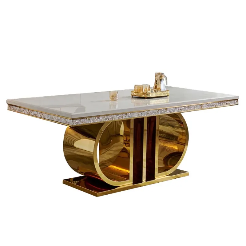 Light luxury stainless steel marble bright dining table and chair combination large apartment restaurant villa rectangular