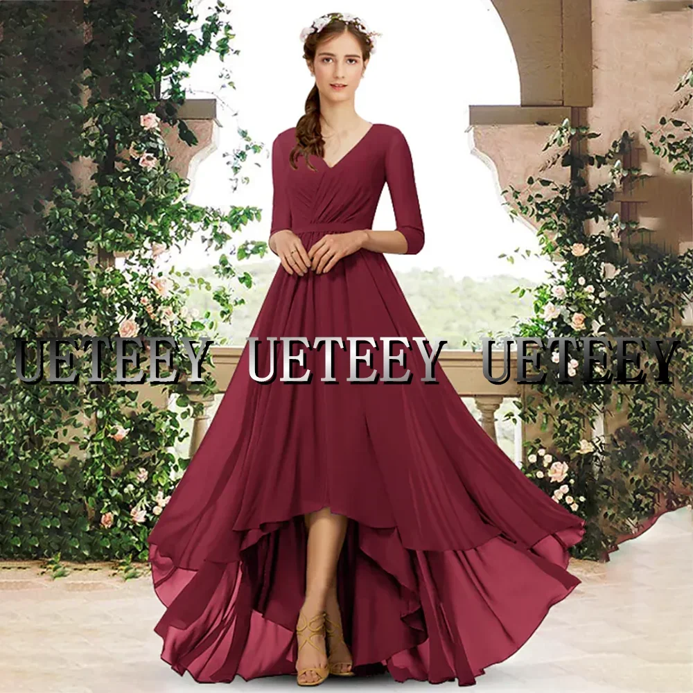 カスタマイズされたエレガントなワインレッド非対称ブライドメイドドレス V ネック 3/4 長さの袖シフォン高低ウェディングパーティードレス女性