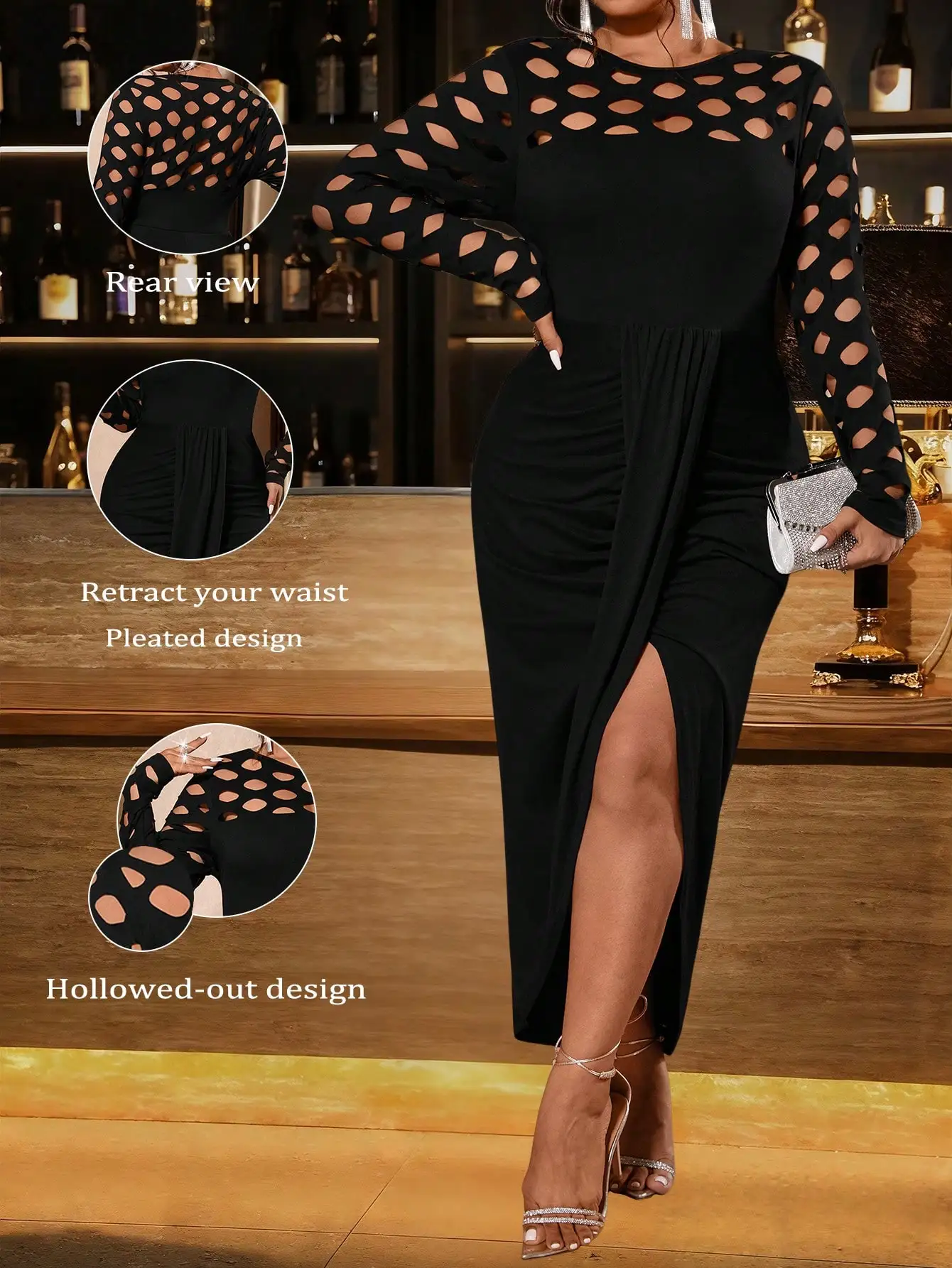 

Черное элегантное макси-платье с длинными рукавами, вырезами и боковым разрезом