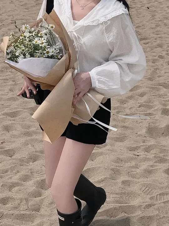 

Korean Sweet Ruffle Splice Hat Sun Protection Outerwear Women Summer New Design Long Sve irt Top Bubble Sve Loose Fit