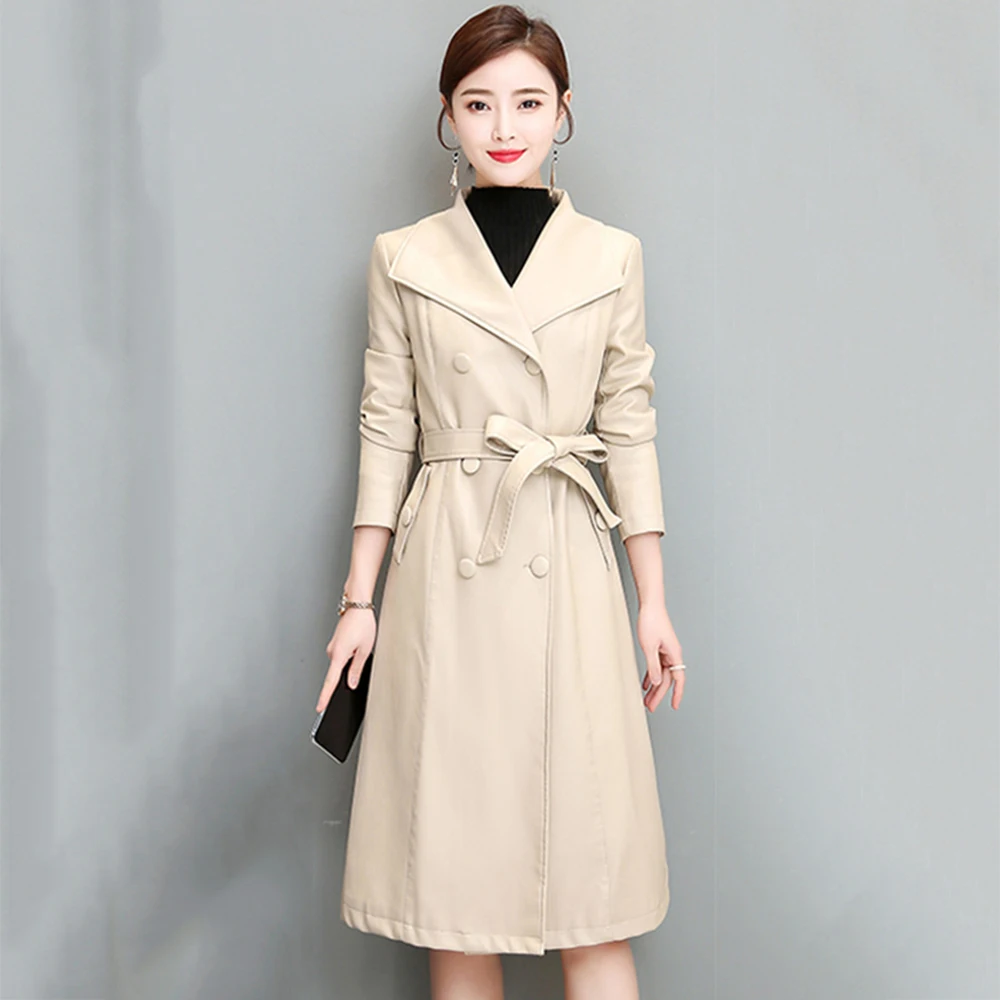 New Women Sheepskin Leather Coat Spring Autumn 2024 Chic Turn-down Collar Double Breasted Slim Waist Split Leather Overcoat