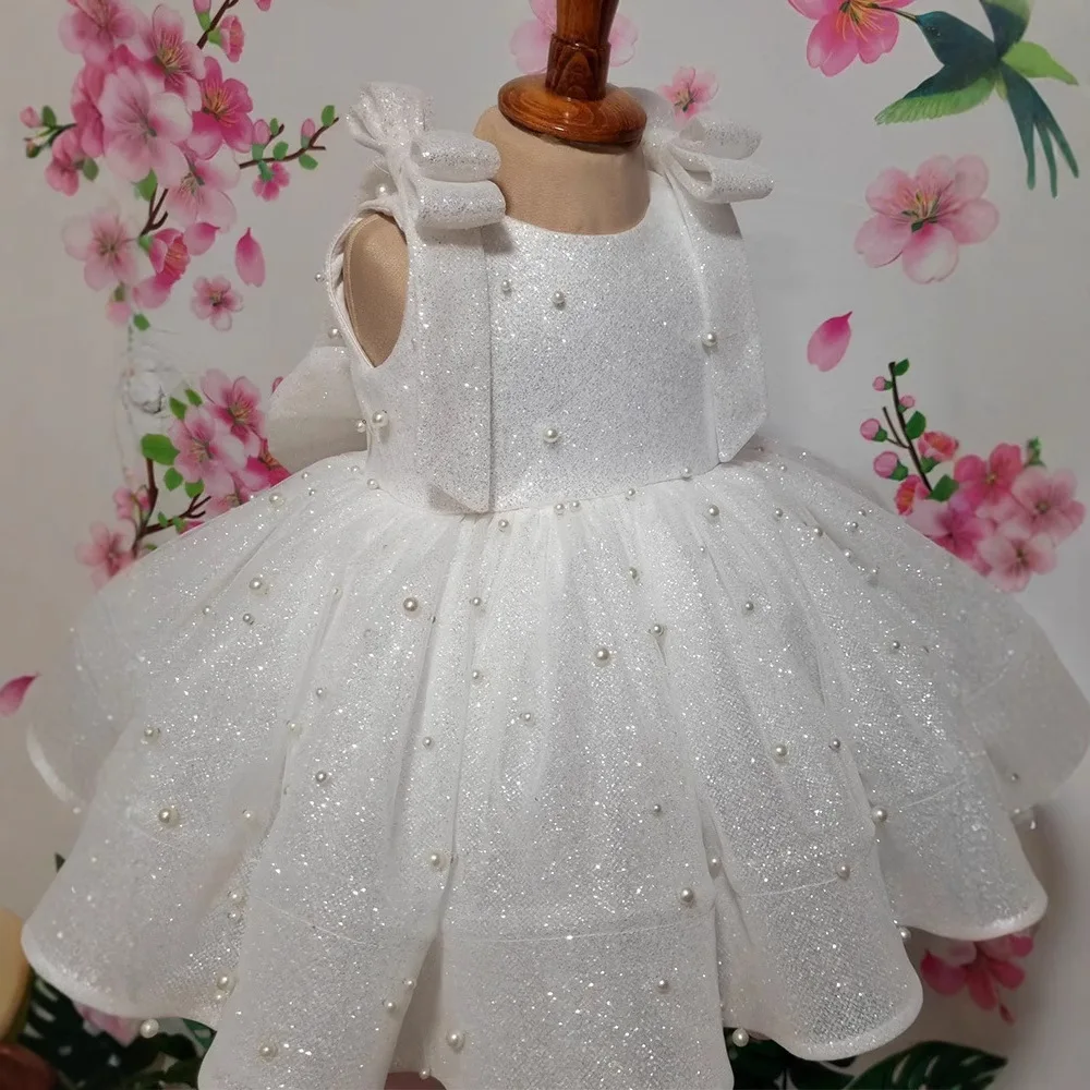 Shiny mesh pearl bow girl Dress Fluffy Sequin Applique Sparkly Wedding Elegant Flower Child's Eucharistic Birthday Party Vestido