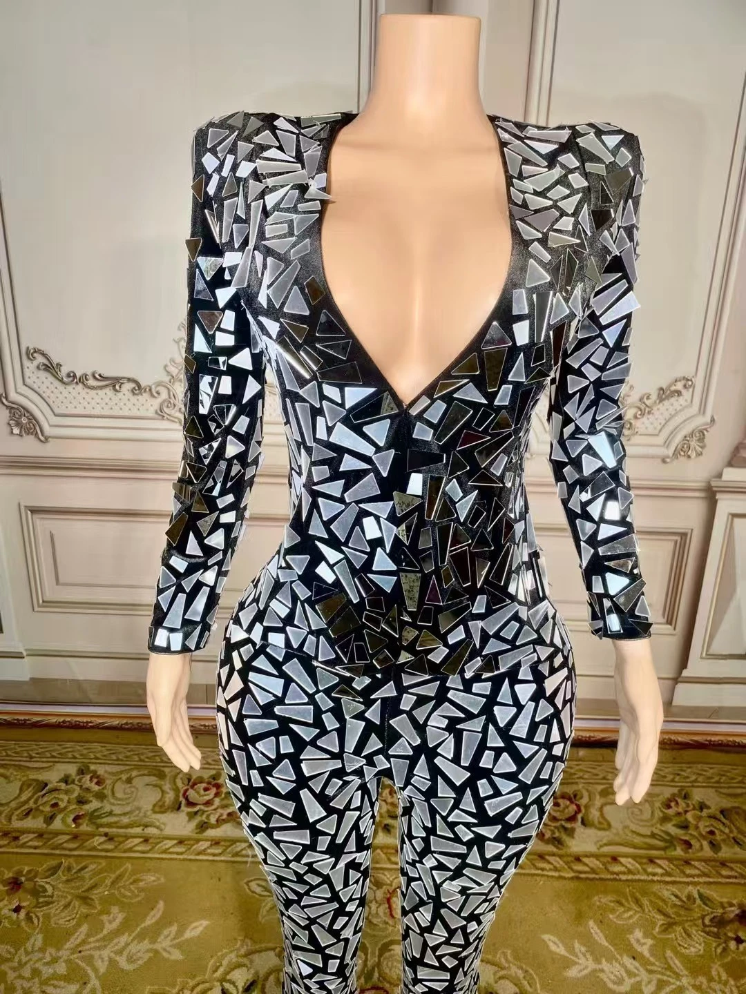 Flashing Full Mirrors Long Sleeves Transparent Jumpsuit Birthday Costume Evening Women Dance Bodysuit