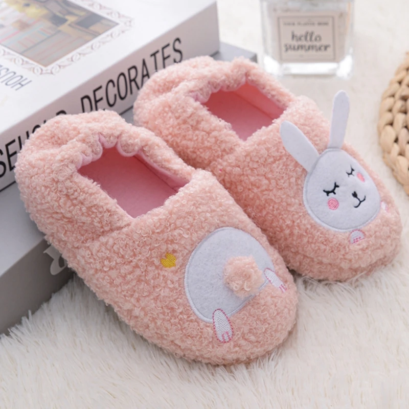 Toddler Girls Slippers for Winter Baby Loafers Plush Warm Cartoon Head Tail Bunny Rubber Sole Children Home Shoes House Footwear