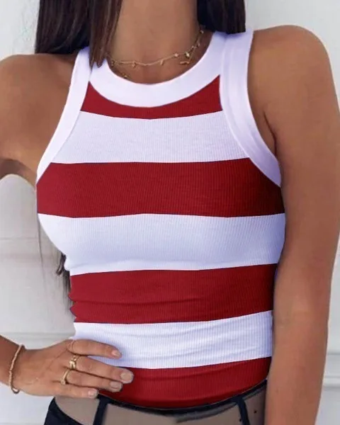 

Fashion 2025 Summer Basic Elastic Sexy Tank Top Striped Printing T-shirt Women O Neck Racerback Sleeveless Streetwear Tank Top