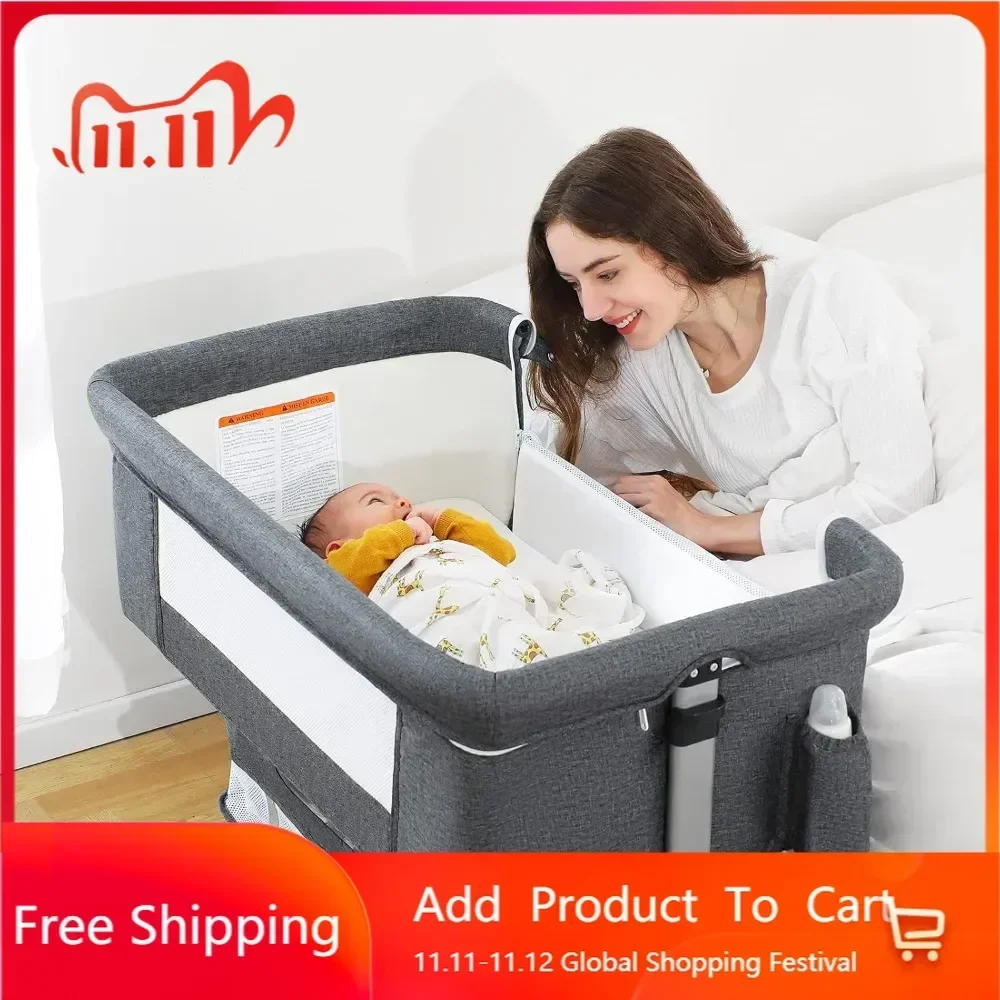 Baby Bassinet Bedside Sleeper, Baby Bed Side Crib with Storage Basket, Easy Folding Bassinets, Adjustable Baby Bed for Infant N