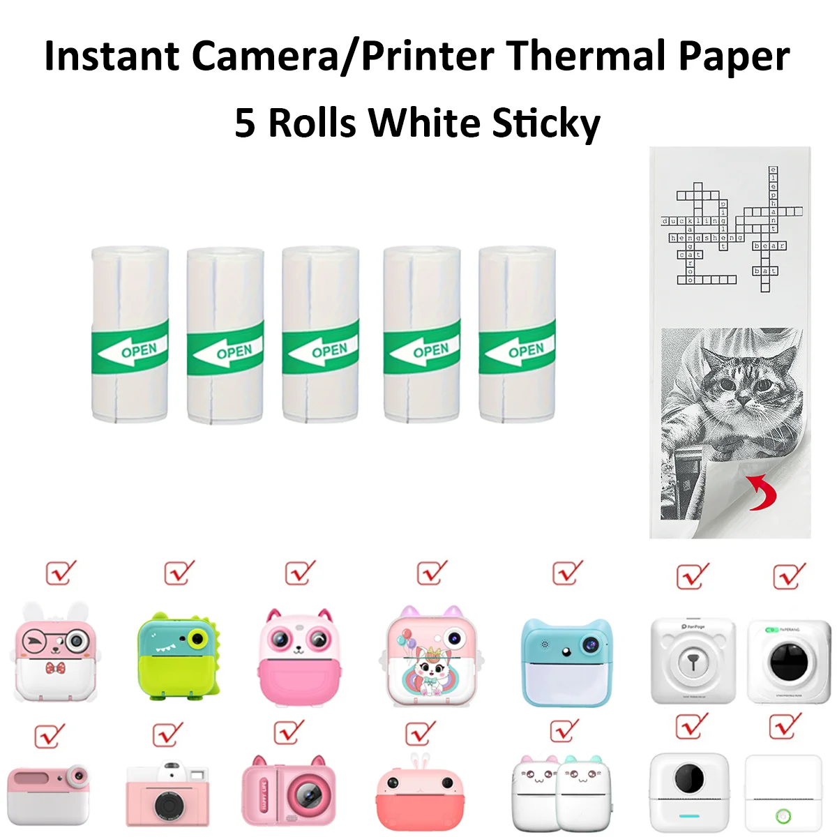 

57x25mm White Instant Camera Thermal Paper Self-Adhesive BPA-Free for Kids Cameras/Printers, Photo Crafts/Safe Home Labels