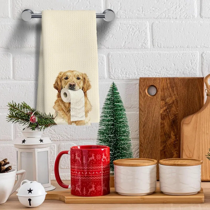 1pc Watercolor Golden Retriever with Toilet Paper Kitchen Towel, Soft Hand Towel, Perfect for Bathroom, Kitchen, Dog Lover Gift