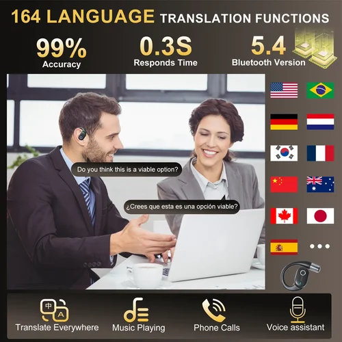 Imagen 2 del producto KOUO Auriculares Bluetooth abiertos 164 idiomas Auriculares con traductor en tiempo real Auriculares inalámbricos para viajes Aprendizaje Deportes Juegos