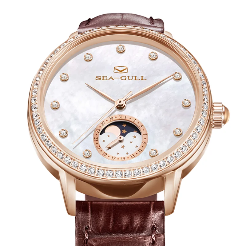 Seagull Automaic Mechanical Watches Women Elegant Skeleton Dress Watch 50M Waterproof Moon Phase Ladies Wristwatch 1136L