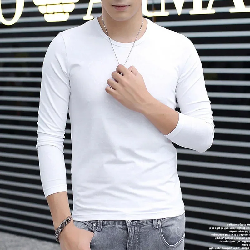 Men T-shirt Long Sleeve Solid Color Bottoming Shirts O-neck Pullover Tops Slim Fit Spring Autumn White Black Oversize Tees