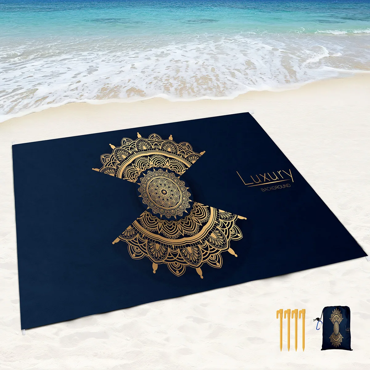 Boho Black Gold Mandala Sand Proof Beach Blanket Sand Proof Mat with Corner Pockets and Mesh Bag for Beach Party,Travel,Camping