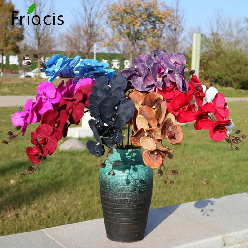 8 Heads Big Orchid Artificial Flower Branch Phalaenopsis Butterfly Burgundy Black Colorful Wedding Home Decor Potted Wholesalers