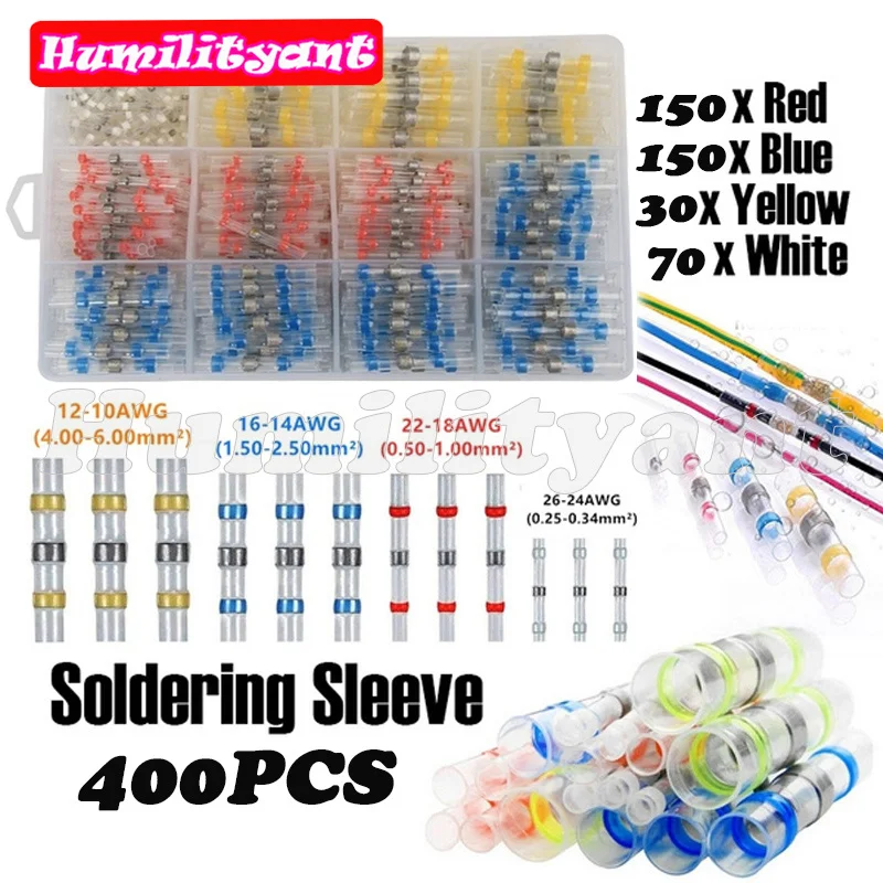 

400PCS Soldering Sleeve Insulated Waterproof Electrical Wire Connectors Heat Shrink Solder Butt Terminals Assortment Kit
