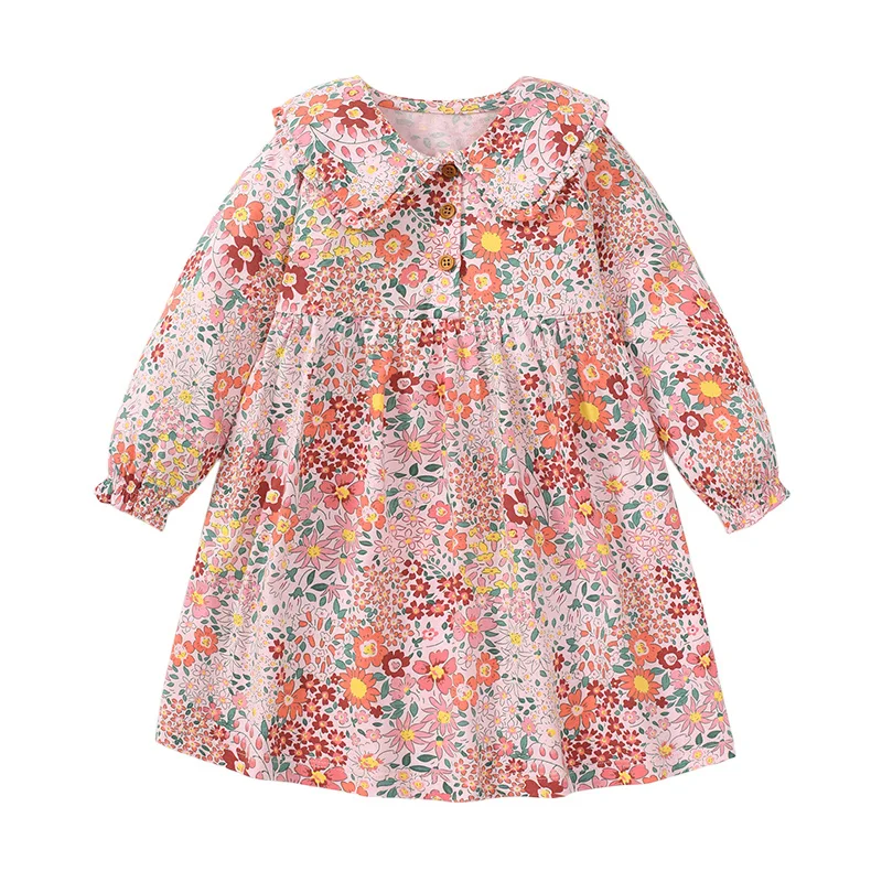 Jumping Meters 2-7T Floral  Princess Girls Dresses Collar Buttons Long Sleeve Baby Party Clothing Flowers Print Birthday  Dress