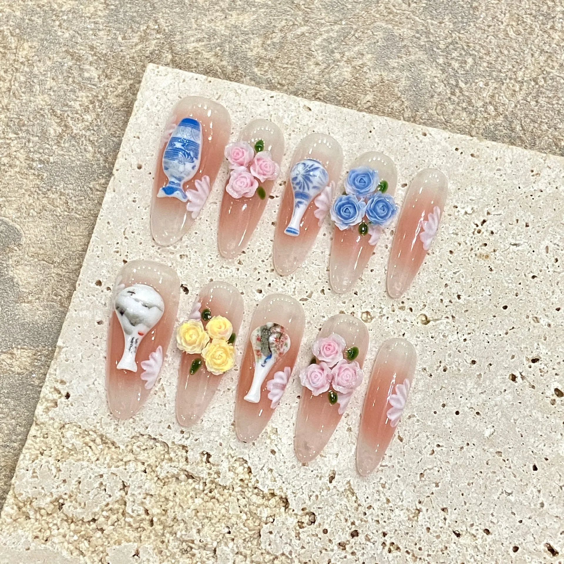 

10Pcs Elegant Handmade Press On Nails Full Cover 3D Flower With Blush Colorful Design Almond Fake Nail Wearable Nail Tips