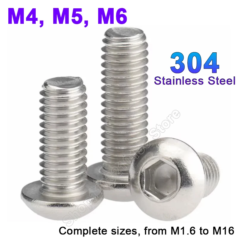 

2-10Pcs 304 A2 Stainless Steel High Quality M4 M5 M6 Hexagon Hex Socket Round Head Button Head Allen Screw Bolts Length 4-100mm