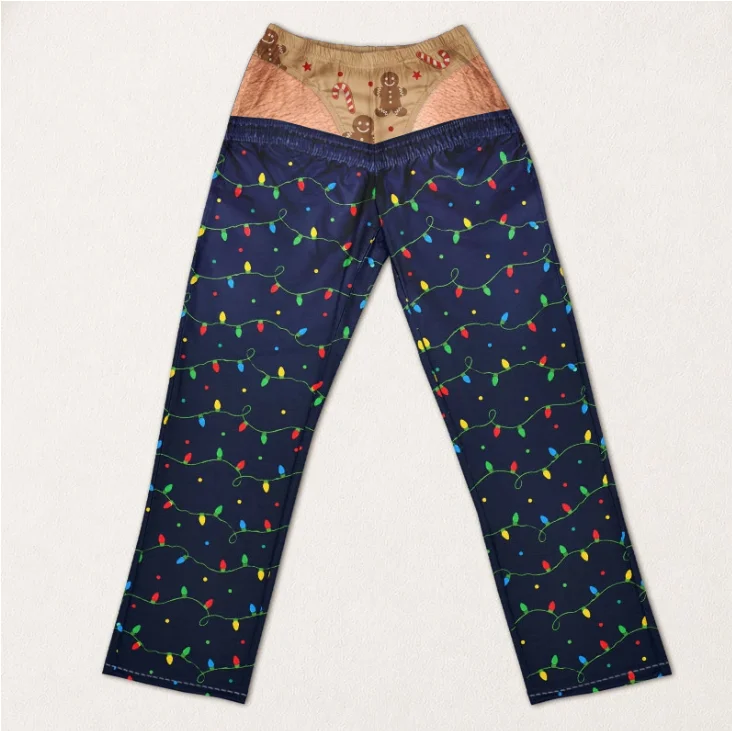 Neue, lustige, unisex-Hose mit ausgeschnittenem Gesäß und Weihnachtslicht-Motiv, gerade geschnitten, als originelle Hose für Weihnachtsfeiern, Feiertage und Freizeitkleidung. – Detail 9