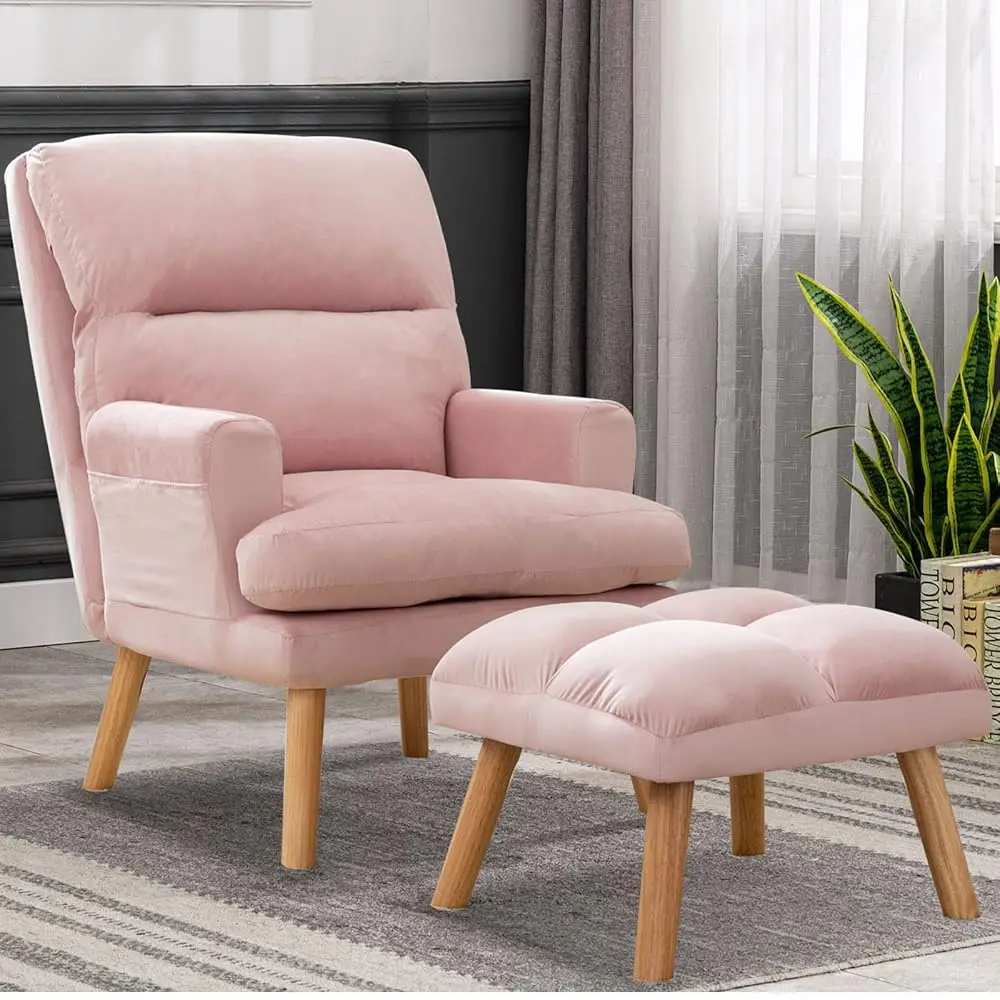 Modern Accent Chair With Ottoman, Soft Fabric Armchair With Adjustable Backrest And Side Pockets, Comfy Lounge Chair For Living
