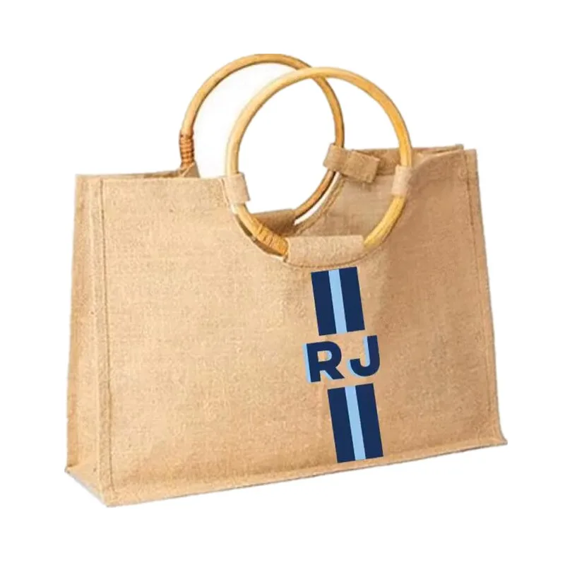 Custom Striped Monogram Bamboo Jute Carryall Jute Beach Bag Market Tote Gift for Her Market Tote Bag Jute Tote bag Shopping Bag