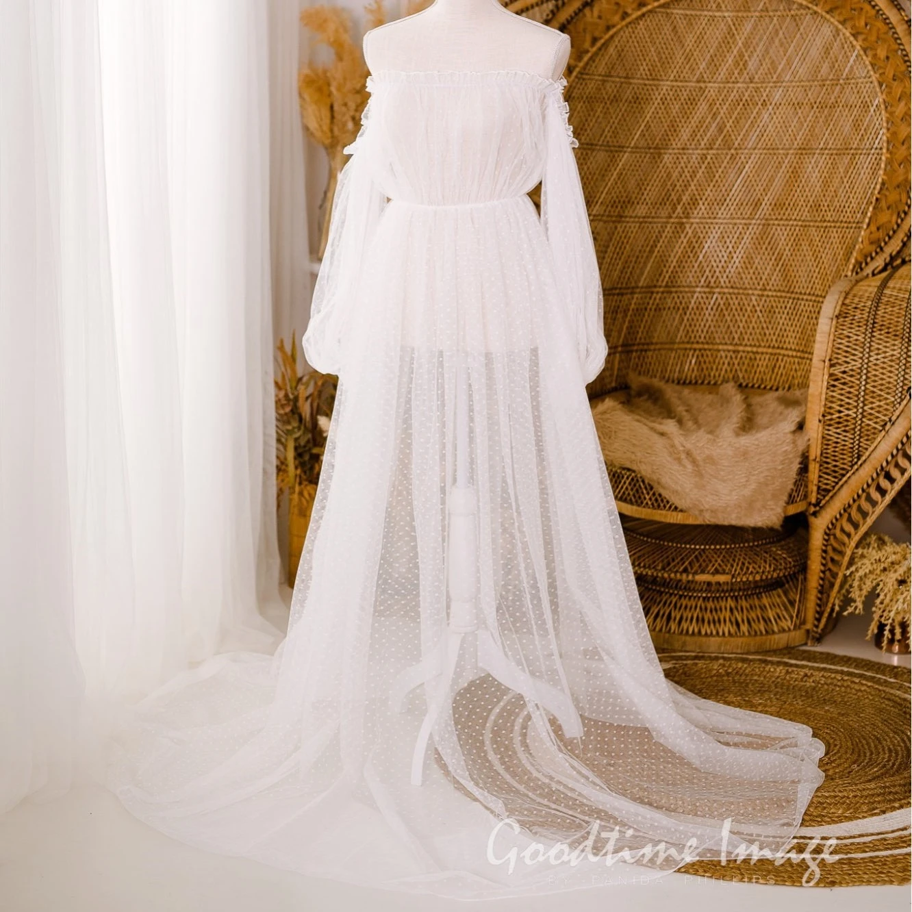 See Through Dot Tulle Maternity Photo Shooting Long Dress Off-the Shoulder Tulle Long Dress For Pregnant Woman Photography Props