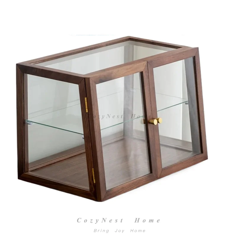 Transparent Glass Pastry Dessert Display Locker Walnut Desktop Storage Cabinet For Tea Ware Cup Dust Proof Home Decor Shelf