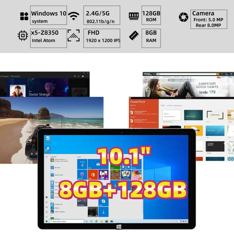 64bit 10.1 Inch Windows 10 Tablet 8GB RAM 128GB ROM Intel Atom x5-Z8350 Quad Core 1920x1200 IPS WIFI Dual Camear 1*USB 3.0 Port