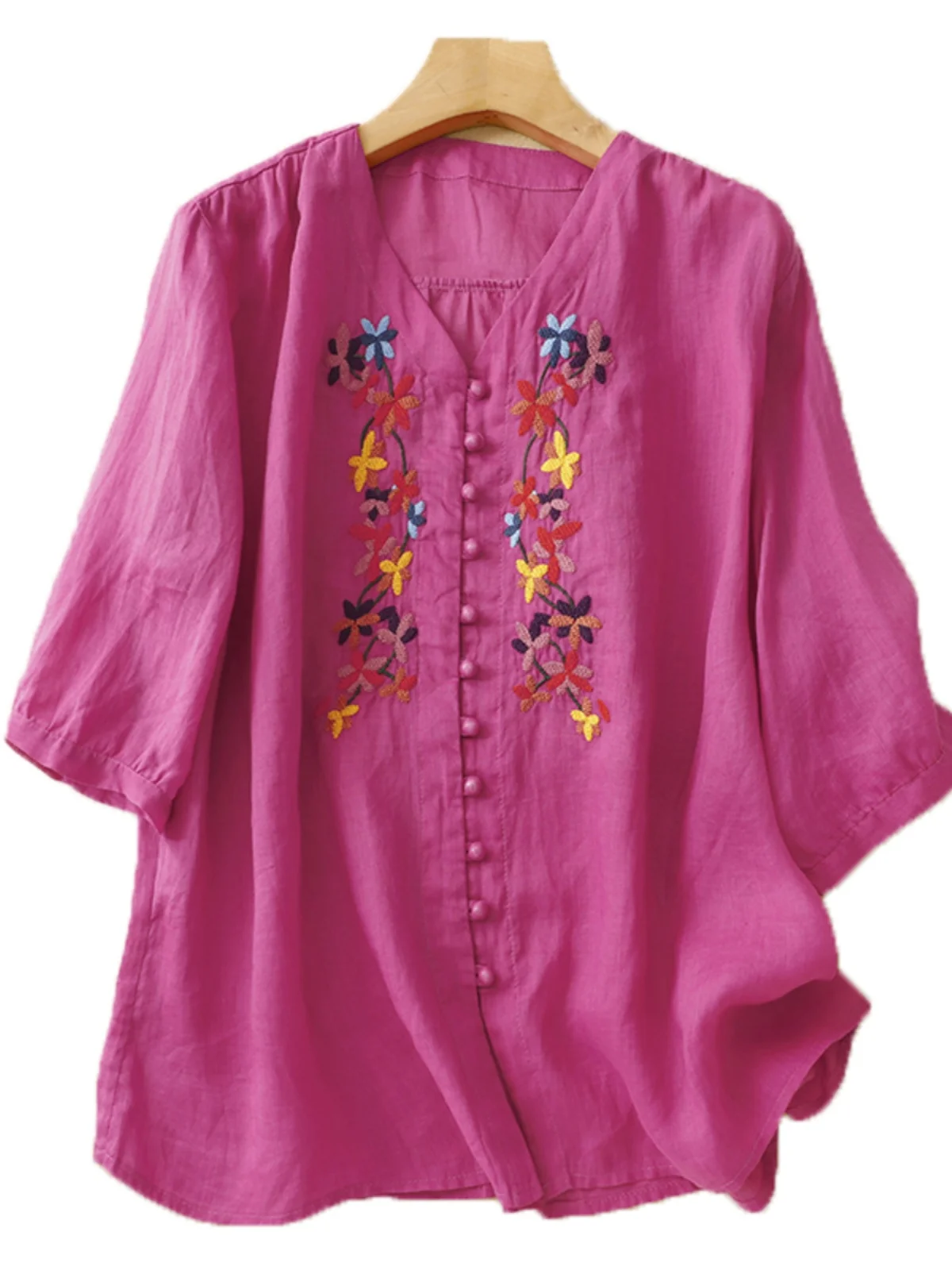 Ricamo floreale artistico retrò irt Sottile a cinque quarti Sve Casual V-Ne Top Age-Defng Cotone Abbigliamento estivo da donna