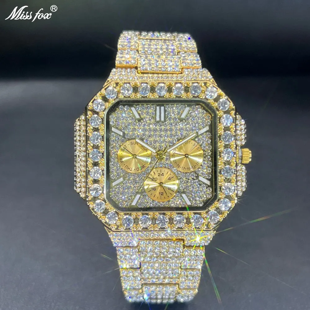 

MISSFOX Роскошные часы с бриллиантами для мужчин в стиле хип-хоп, блестящие наручные часы Iced Out, модные золотые квадратные водонепроницаемые часы 2025
