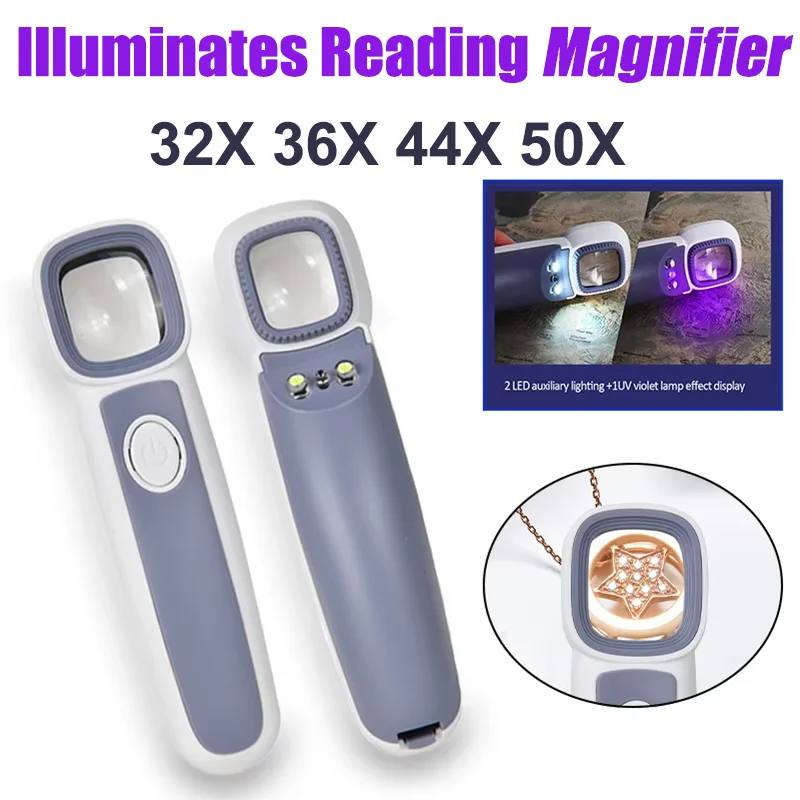 50-fach beleuchtete Lupe mit 2 LED-Leuchten und 1 UV-Violettlampe. Tragbare tragbare Leselupe für Lesereparaturen