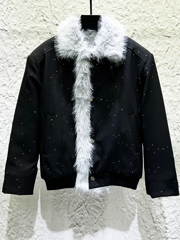 2025 남성용 겨울 신상 따뜻한 양면 착용 개성 디자인 인조 모피 칼라 재킷 남성용 시크 플러시 파카 아우터웨어 코트