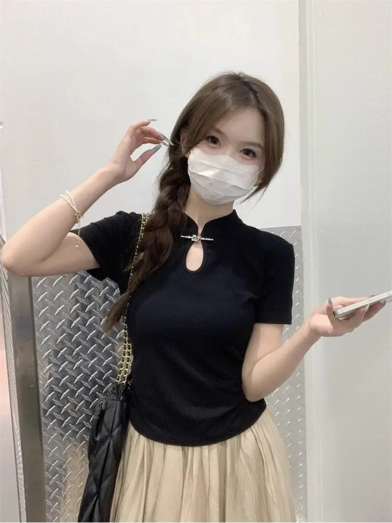 Vintage Woman Tshirts Chinese Style Stand Neck Short Sleeve Tees Slim Fit Hollow Out White Camisetas Ropa Mujer Summer T-shirt