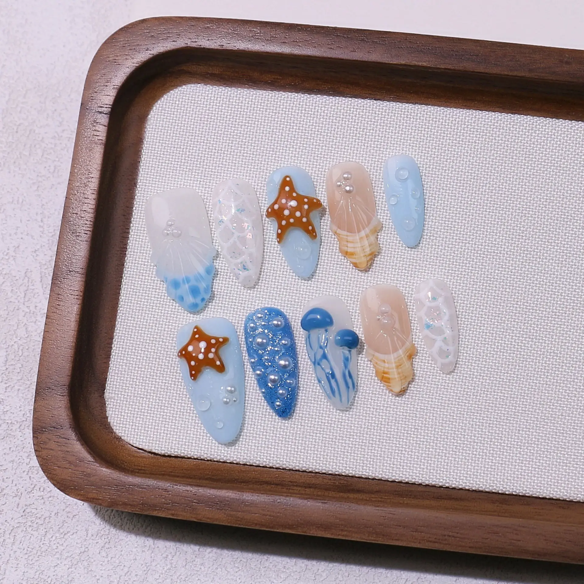 10Pcs Luxury Handmade French Press on Nails Ocean Summer Holiday Starfish Pearl Design Almond Fake Nails Wearable False Nail Tip