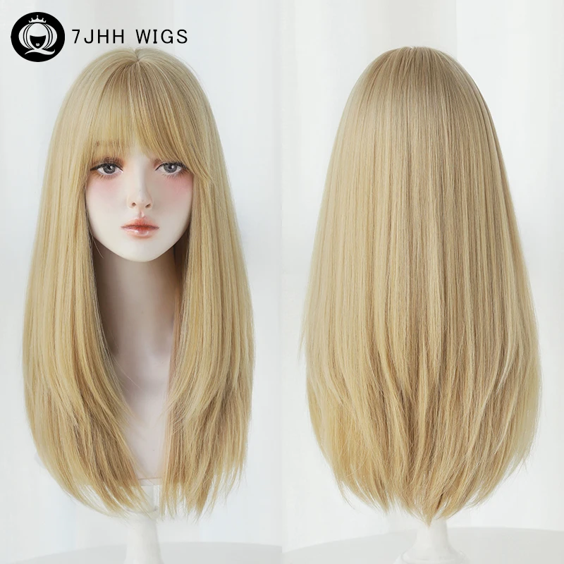 7JHH WIGS Heat Resistant Synthetic Straight Blonde Wigs with Curtain Bangs High Density Layered Hair Wig for Women Lolita Wigs