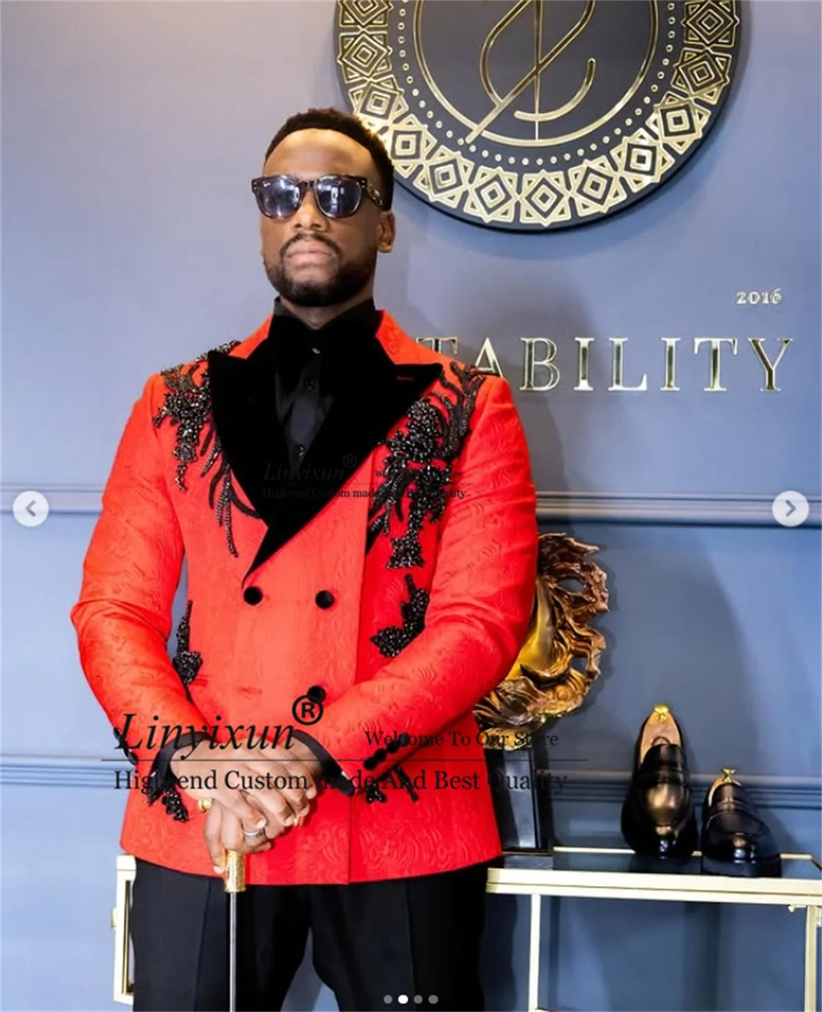 Sparkly Appliques Beaded Men Suit 2 Piece Sets Male Prom Blazers Slim Costume Homme Customized Jacquard Wedding Groom Tuxedo