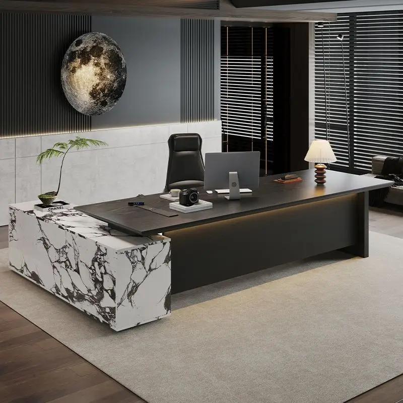 

Black Italian minimalist solid wood boss desk with tea table integrated high-end president class table light luxury modern